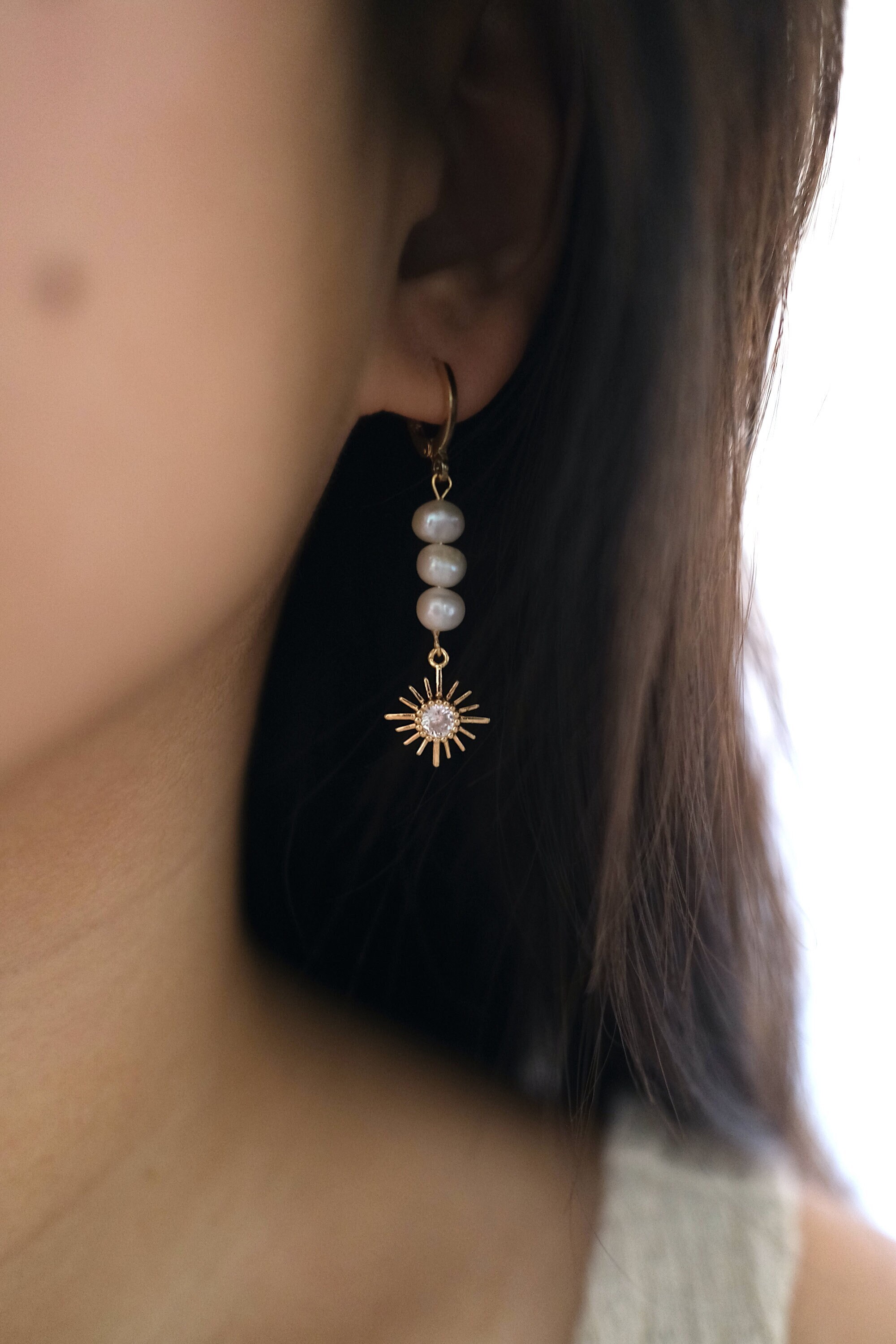 18k Gold Sunny Drop Pearl Earrings, Hoops with Charm, Genuine Freshwater Pearls, Pearl Dangle Earrings, Gold Dangle Earrings, CZ Earrings