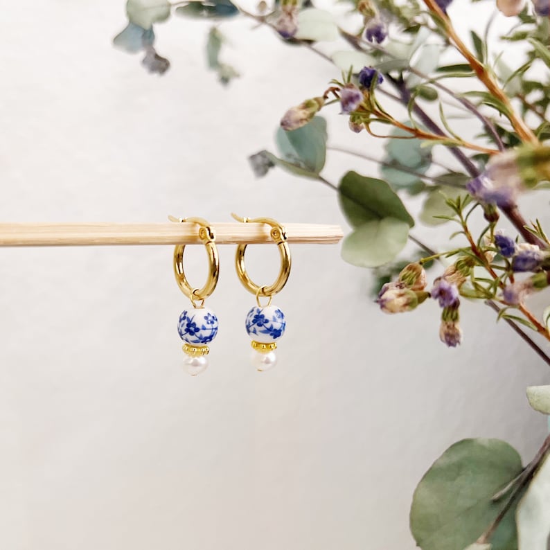 Dainty Blue Porcelain Genuine Freshwater Pearl Gold Small Hoop Earrings, Blue White Floral Porcelain Earrings, Small Hoop Earrings, Hoops image 1