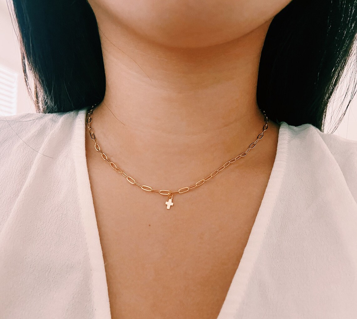 14k Gold Tiny Cross Paperclip Chain Necklace Gold Filled Etsy UK