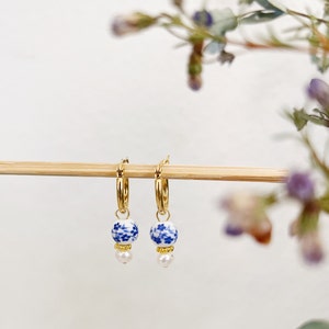 Dainty Blue Porcelain Genuine Freshwater Pearl Gold Small Hoop Earrings, Blue White Floral Porcelain Earrings, Small Hoop Earrings, Hoops image 3