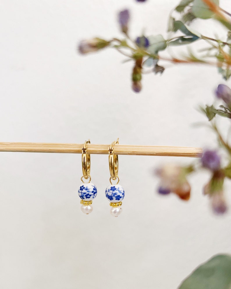 Dainty Blue Porcelain Genuine Freshwater Pearl Gold Small Hoop Earrings, Blue White Floral Porcelain Earrings, Small Hoop Earrings, Hoops image 3