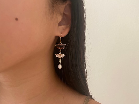 English Violet Crystal-Pearl Dangle Earrings, Women's Earrings, Drop Dangle Earrings, Bridal Bridesmaid Earrings, Elegant Handmade Earrings