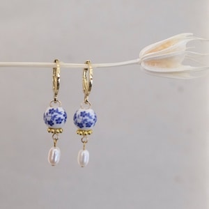 Mini Blue Porcelain Genuine Freshwater Pearl Huggie Earrings, Blue White Floral Porcelain Earrings, Small Hoop Earrings, Charm Hoops