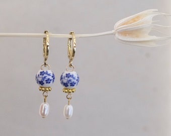 Mini Blue Porcelain Genuine Freshwater Pearl Huggie Earrings, Blue White Floral Porcelain Earrings, Small Hoop Earrings, Charm Hoops