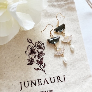 Charcoal Crystal-Pearl Dangle Earrings, Women&#39;s Earrings, Drop Dangle Earrings, Bridesmaid Earrings, Glass Crystal Earrings, Gold Earrings