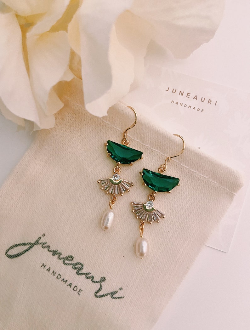 Emerald Crystal-pearl Dangle Earrings Women's Earrings - Etsy