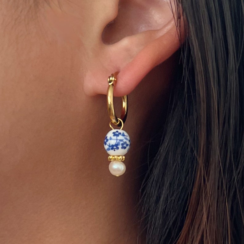 Dainty Blue Porcelain Genuine Freshwater Pearl Gold Small Hoop Earrings, Blue White Floral Porcelain Earrings, Small Hoop Earrings, Hoops image 4