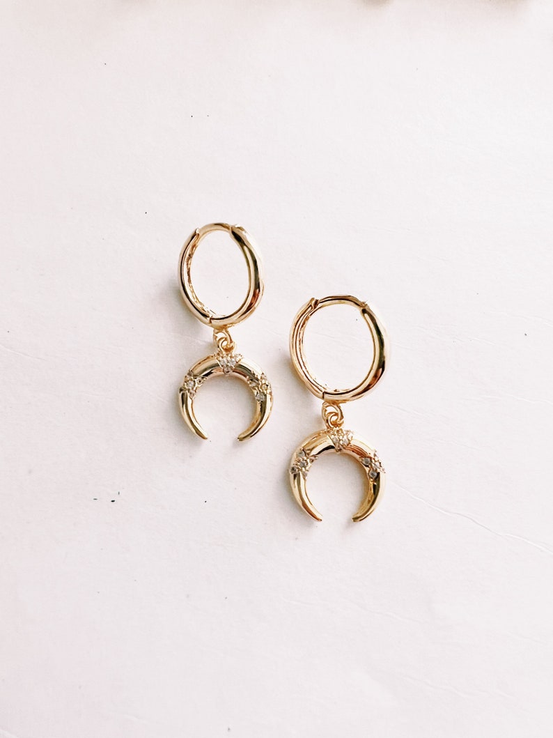 18K Gold Plated Cresent Horn CZ Hoop Earrings, Gold Huggie Earrings With Charm, Gold Medallion Earrings, Gold Earrings, Gold Hoop Earrings image 3