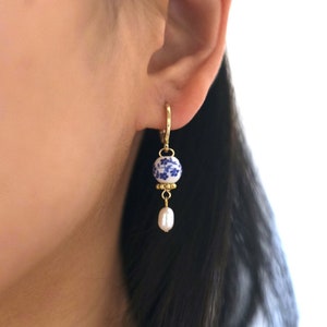 Dainty Blue Porcelain Genuine Freshwater Pearl Gold Huggie Earrings, Blue White Floral Porcelain Earrings, Small Hoop Earrings, Gold Earring image 4