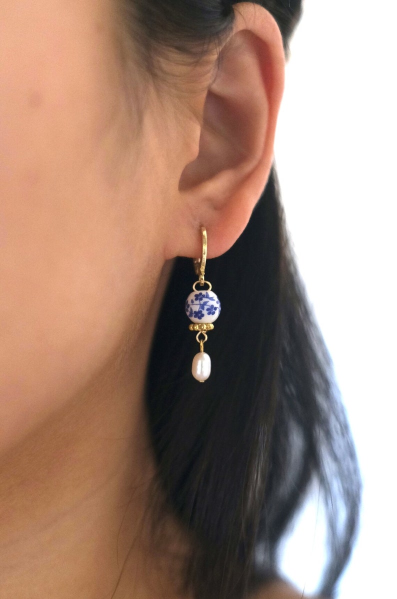 Dainty Blue Porcelain Genuine Freshwater Pearl Gold Huggie Earrings, Blue White Floral Porcelain Earrings, Small Hoop Earrings, Gold Earring image 4