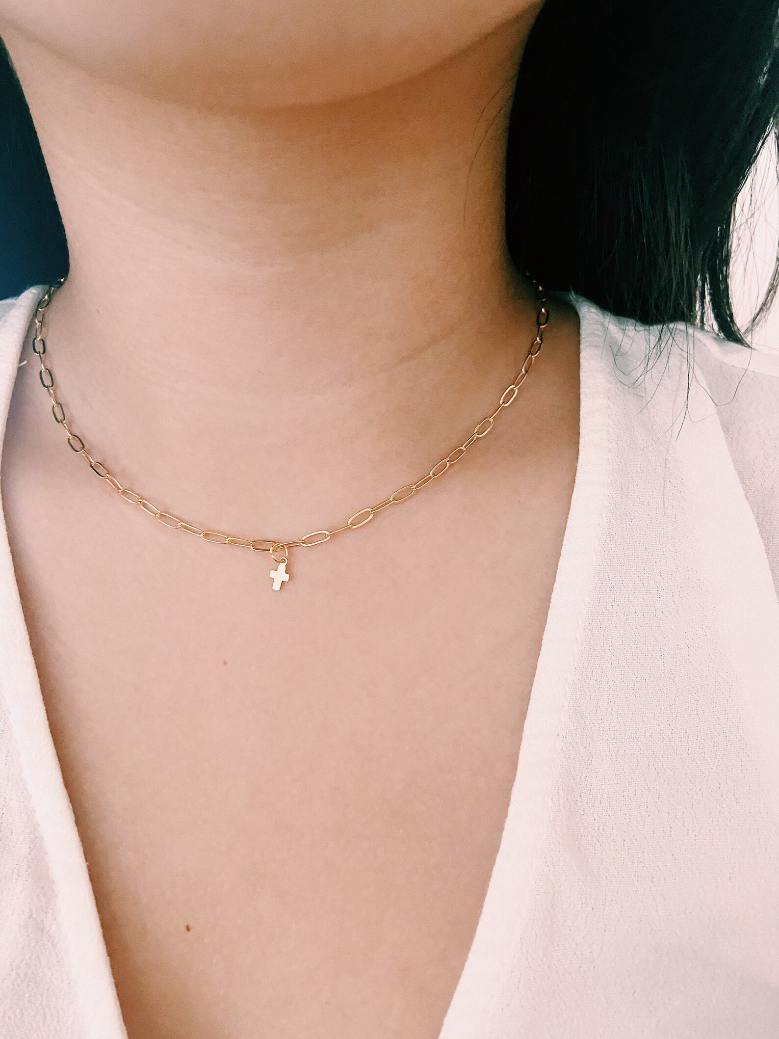 14k Gold Tiny Cross Paperclip Chain Necklace Gold Filled Etsy UK