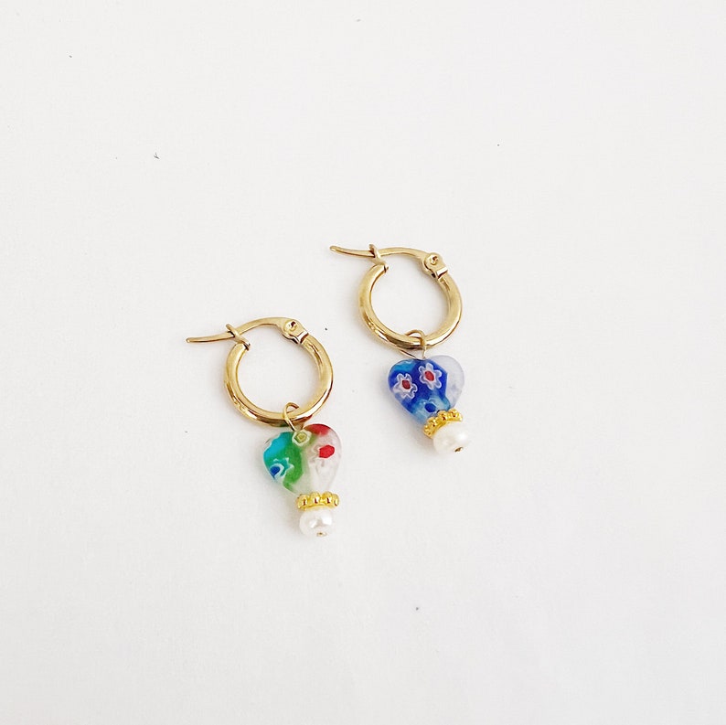 Millefiori Glass Heart Genuine Freshwater Pearl Gold Small Hoop Earrings, Millefiori Earrings, Small Hoop Earrings, Gold Hoops with Charms image 4