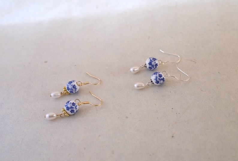 Dainty Blue Porcelain Genuine Freshwater Pearl Gold Huggie Earrings, Blue White Floral Porcelain Earrings, Small Hoop Earrings, Gold Earring image 6