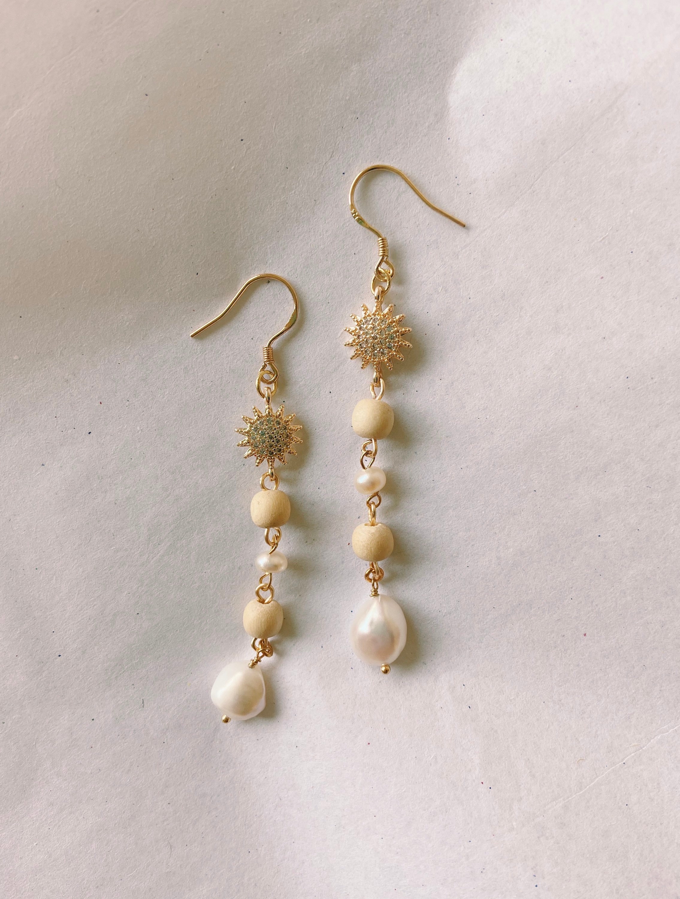 Sun Crystal-Pearl 18k Gold Plated Dangle Earrings, Women Earrings, Boho Earrings, Pearl Earrings, Wood Earring, Drop Earrings, Gold Earrings