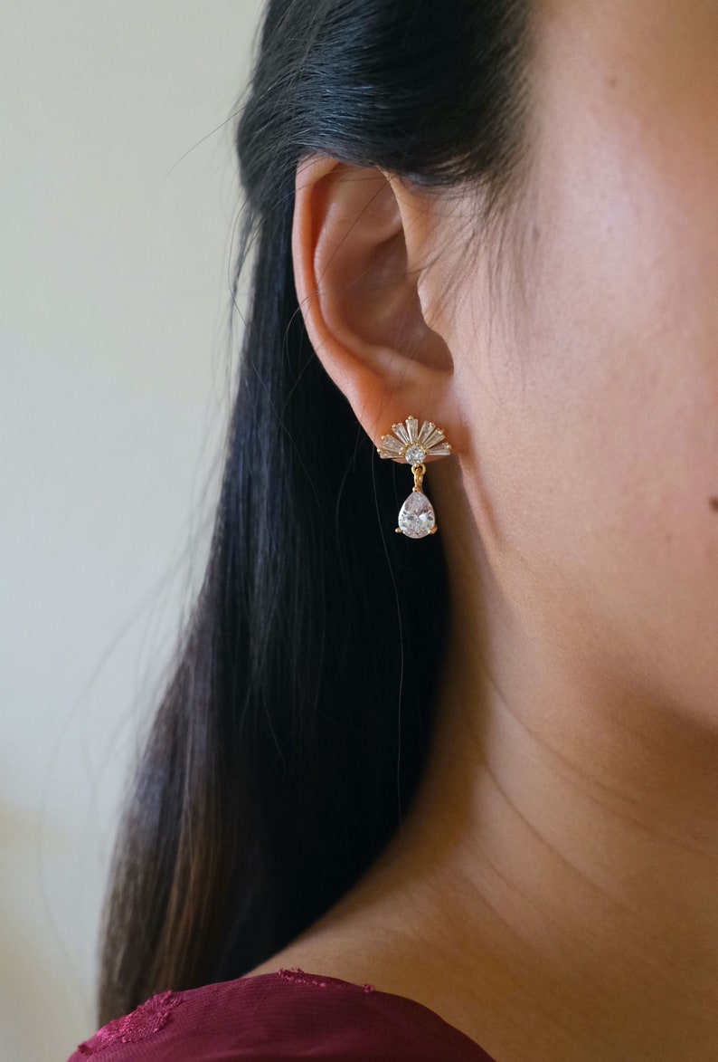 CZ Fan Diamond Studs, Gold Cubic Zirconia Earrings, Stud Earrings, Stud Diamond Earrings, Formal Wear Earrings, Wedding Earrings image 2