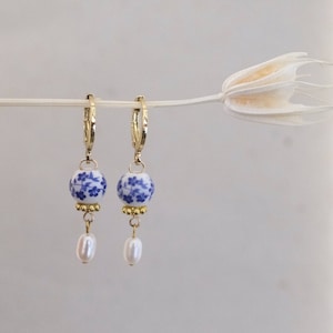 Dainty Blue Porcelain Genuine Freshwater Pearl Gold Huggie Earrings, Blue White Floral Porcelain Earrings, Small Hoop Earrings, Gold Earring image 2
