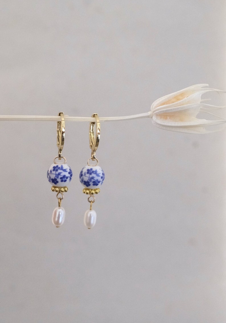 Dainty Blue Porcelain Genuine Freshwater Pearl Gold Huggie Earrings, Blue White Floral Porcelain Earrings, Small Hoop Earrings, Gold Earring image 2