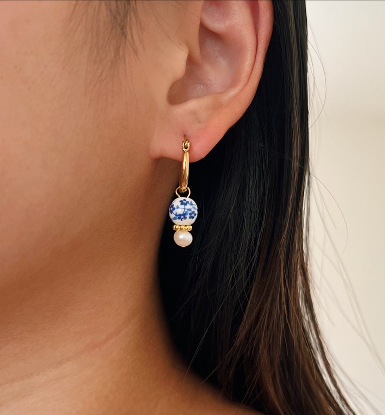 Dainty Blue Porcelain Genuine Freshwater Pearl Gold Small Hoop Earrings, Blue White Floral Porcelain Earrings, Small Hoop Earrings, Hoops image 2