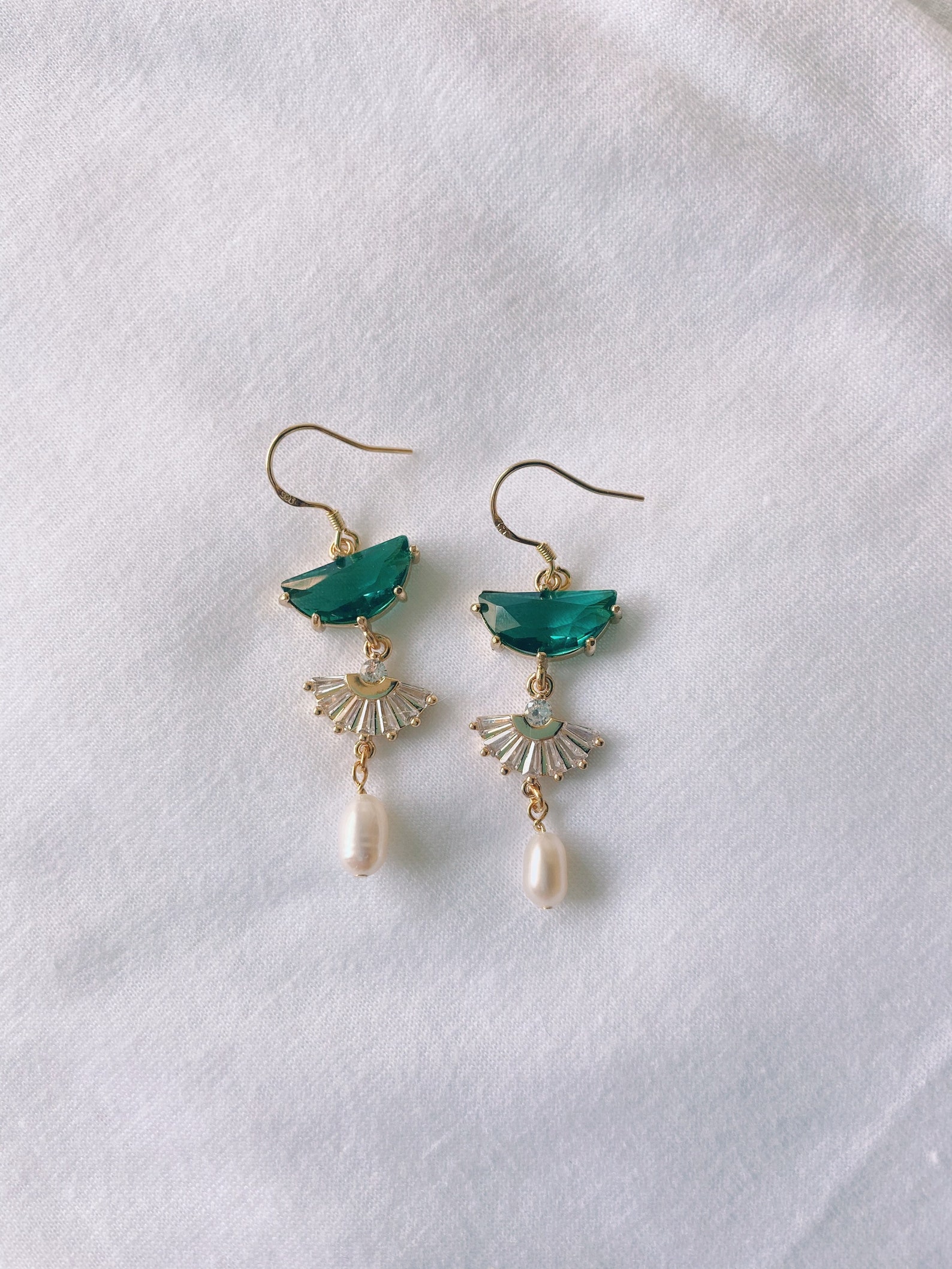 Emerald Crystal-Pearl Dangle Earrings Women's Earrings | Etsy