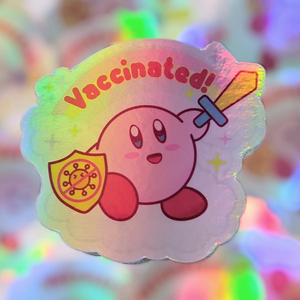Autocollant kawaii holographique Kirby vacciné
