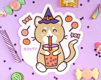 Kafein the Cat Halloween Boba Tea Sticker (clear)