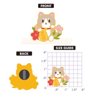 May include: Gold-tone enamel pin featuring a cartoon cat holding a gold coin with Chinese characters. The cat is surrounded by pink and red flowers. The pin measures approximately 1 inch in diameter.
