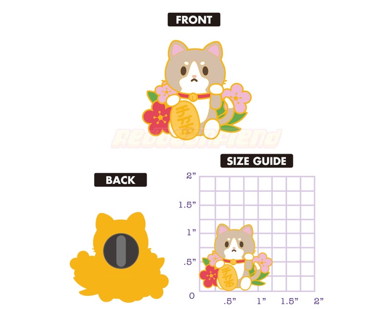 May include: Gold-tone enamel pin featuring a cartoon cat holding a gold coin with Chinese characters. The cat is surrounded by pink and red flowers. The pin measures approximately 1 inch in diameter.