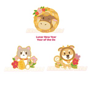 May include: Three gold pins with a Chinese New Year theme. The first pin features a cartoon ox with flowers. The second pin features a cartoon cat with a gold coin and flowers. The third pin features a cartoon dog with flowers. The pins are all gold and have a shiny finish.