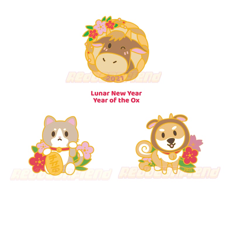 May include: Three gold pins with a Chinese New Year theme. The first pin features a cartoon ox with flowers. The second pin features a cartoon cat with a gold coin and flowers. The third pin features a cartoon dog with flowers. The pins are all gold and have a shiny finish.