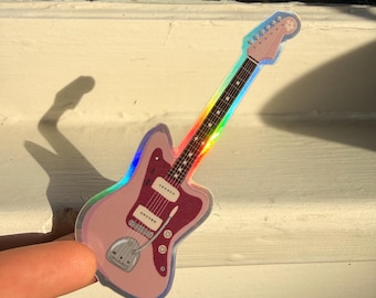 Pink Guitar Sticker, 1.5" x 3", Holographic Vinyl Laptop, Water Bottle Sticker