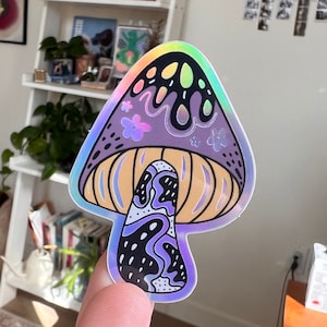 Kleine holografische paddenstoelsticker, 1,5 x 2 inch, holografisch vinyl