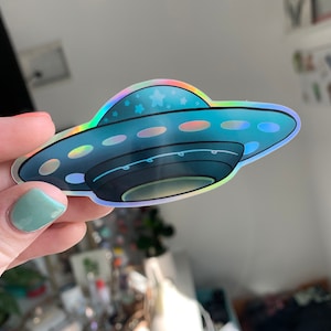 OVNI holográfico, 3,5&quot; x 1,5&quot;, calcomanía de vinilo