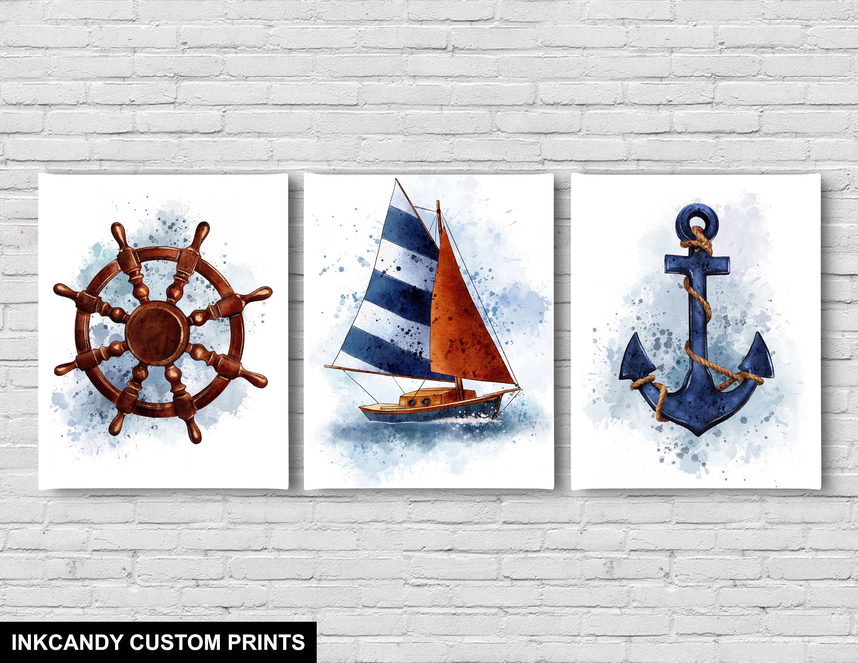 3 Piece Set Nautical Art Wall Art Watercolor Art Sailboat Etsy
