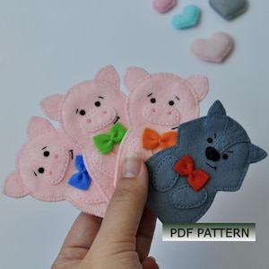 PDF pattern: Felt finger puppets – Three Little Pigs and Big Bad Wolf. Easy sewing tutorial for kids