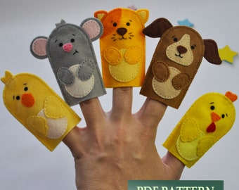 PDF patterns: finger puppets farm animals. Easy tutorials for sewing cat, dog, mouse, cockerel and duck.