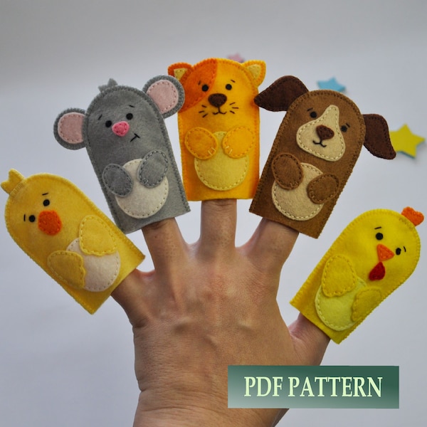 PDF patterns: finger puppets farm animals. Easy tutorials for sewing cat, dog, mouse, cockerel and duck.