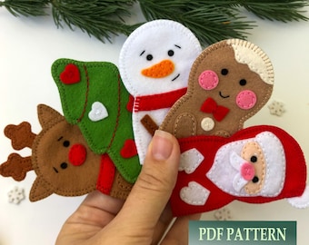 Felt Christmas Finger Puppets PDF Pattern for Santa Reindeer Snowman Gingerbread and Tree