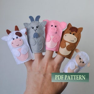 PDF patterns: finger puppets farm animals. Easy tutorials for sewing cow, goat, sheep, horse and pig.