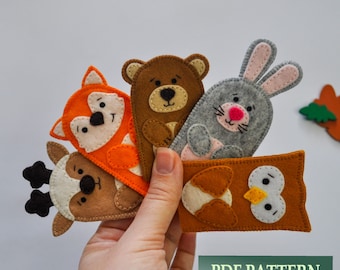 PDF patterns: finger puppets woodland animals. Easy tutorials for sewing teddy bear, bunny, deer, owl and fox.