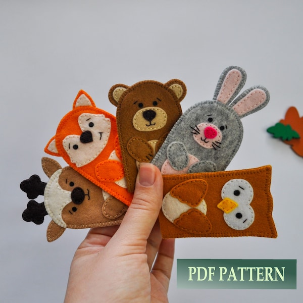 PDF patterns: finger puppets woodland animals. Easy tutorials for sewing teddy bear, bunny, deer, owl and fox.