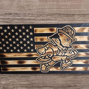 Handcrafted Notre Dame Wooden American Flag: Custom Engraved, Veteran Made