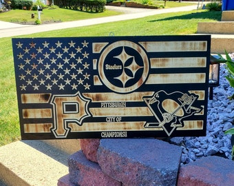 Bandeira de madeira artesanal dos Campeões de Pittsburgh: Decoração esportiva rústica
