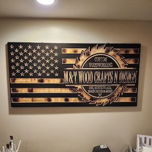 Hand-crafted CNC Engraved Personalized Business Flag: Rustic Burnt Wood