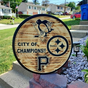 Handcrafted Pittsburgh Champions Wooden Sign: Rustic Sports Decor