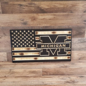 Handcrafted Wooden Michigan American Flag: Custom Engraved Wolverines Fan Decor