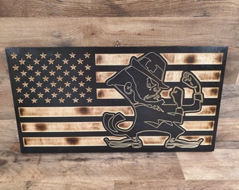 Notre Dame, Handcrafted CNC engraved American flag, Handcrafted College sports flag, Rustic Burnt flag, College flag