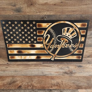 New York Yankees, MLB Wooden Flag, Handcrafted sports flag, Rustic Burnt flag, Subdued American Flag, New York Yankees Flag, Baseball Decor