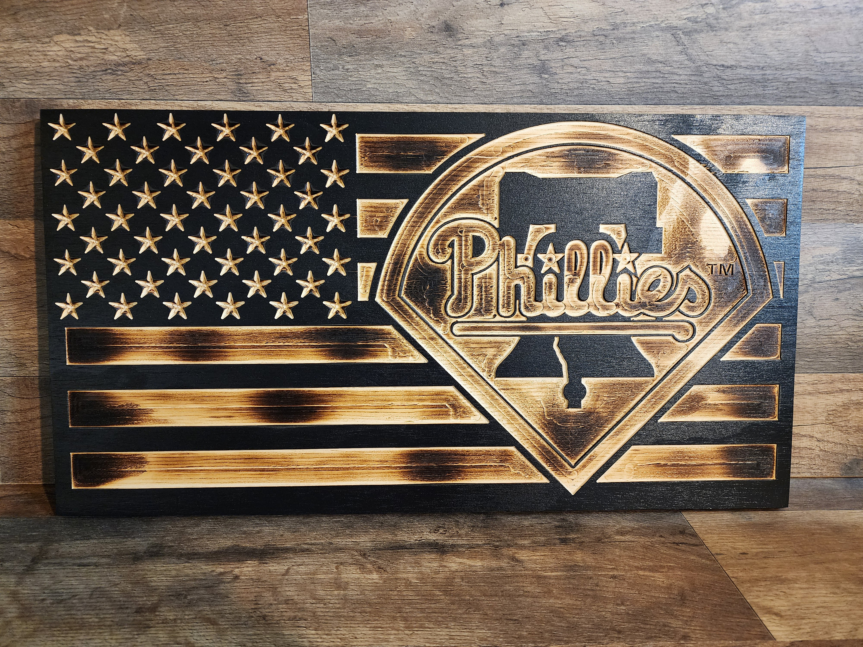 Handcrafted Philadelphia Phillies Wooden Flag: Rustic Baseball