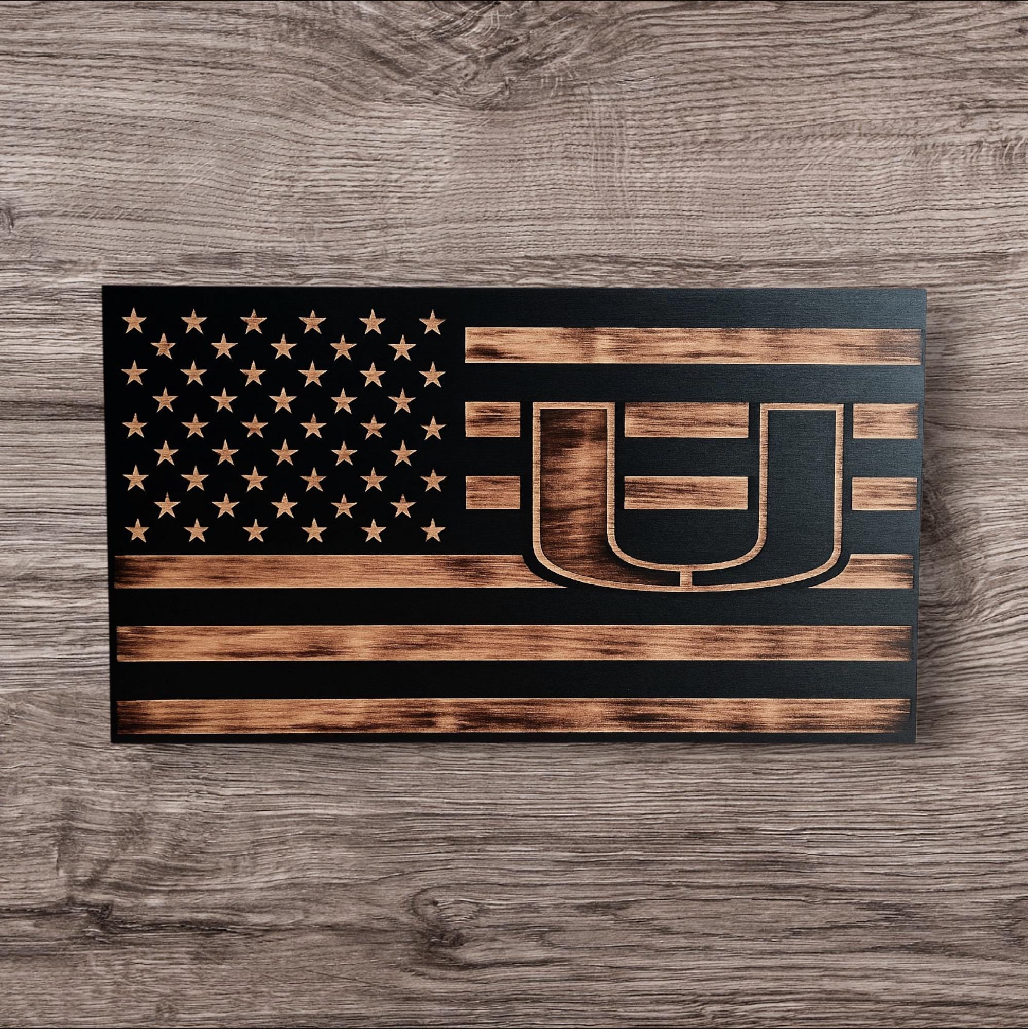 Handcrafted Miami Hurricanes Wooden Flag: Custom Engraved Veteran