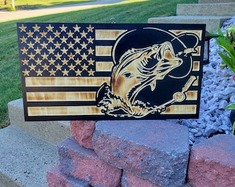 Fishing Wooden Flag, Handcrafted Fisherman flag, Rustic Burnt flag, Subdued American Flag, Outdoor flags, CNC engraved flag,